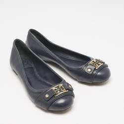 Pre Owned Tory Burch Navy Blue Leather Cline Ballet Flats Size 36.5