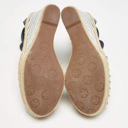 Tory Burch Blue/White Snakeskin Embossed and Leather Natanya Wedge Sandals Size 37