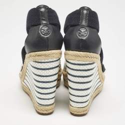 Tory Burch Blue/White Snakeskin Embossed and Leather Natanya Wedge Sandals Size 37