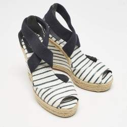 Tory Burch Blue/White Snakeskin Embossed and Leather Natanya Wedge Sandals Size 37