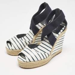 Tory Burch Blue/White Snakeskin Embossed and Leather Natanya Wedge Sandals Size 37