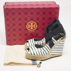 Tory Burch Blue/White Snakeskin Embossed and Leather Natanya Wedge Sandals Size 37