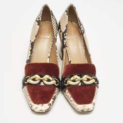 Tory Burch Brown/Beige Snakeskin Embossed Leather and Velvet Jessa Pumps Size 37