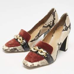 Tory Burch Brown/Beige Snakeskin Embossed Leather and Velvet Jessa Pumps Size 37
