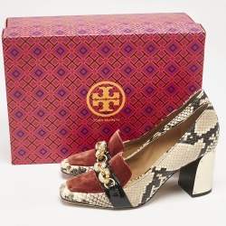 Tory Burch Brown/Beige Snakeskin Embossed Leather and Velvet Jessa Pumps Size 37