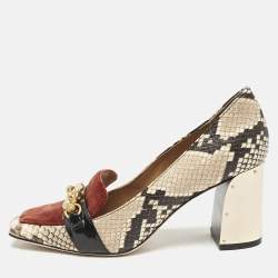 Tory Burch Brown/Beige Snakeskin Embossed Leather and Velvet Jessa Pumps Size 37