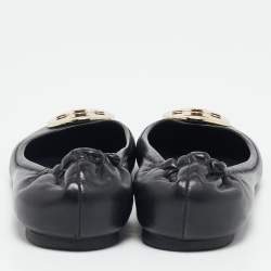 Pre Owned Tory Burch Black Leather Minnie Travel Scrunch Ballet Flats Size 37.5