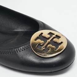Pre Owned Tory Burch Black Leather Minnie Travel Scrunch Ballet Flats Size 37.5