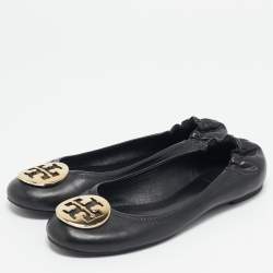Pre Owned Tory Burch Black Leather Minnie Travel Scrunch Ballet Flats Size 37.5