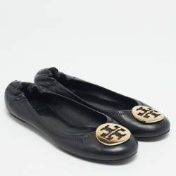 Pre Owned Tory Burch Black Leather Minnie Travel Scrunch Ballet Flats Size 37.5