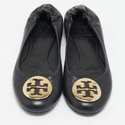 Pre Owned Tory Burch Black Leather Minnie Travel Scrunch Ballet Flats Size 37.5