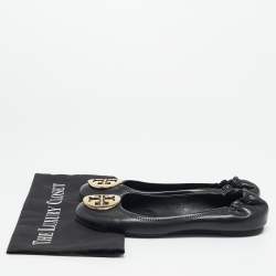 Pre Owned Tory Burch Black Leather Minnie Travel Scrunch Ballet Flats Size 37.5