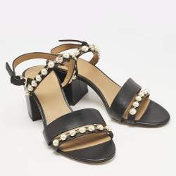 Tory Burch Black Leather Emmy Pearl Ankle Strap Sandals Size 38.5