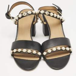 Tory Burch Black Leather Emmy Pearl Ankle Strap Sandals Size 38.5