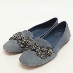 Tory Burch Blue Suede Carissa Smoking Slipper Size 36.5
