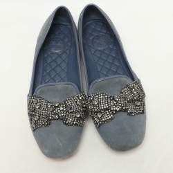 Tory Burch Blue Suede Carissa Smoking Slipper Size 36.5