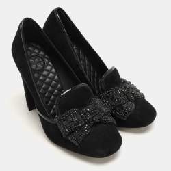 Tory Burch Black Suede Carissa Bow Embellished Pumps Size 36