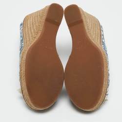 مملوكة مسبقًا Tory Burch Blue/White Leather and Lace Jackie Wedge Pumps Size 35.5