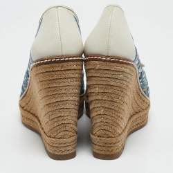 مملوكة مسبقًا Tory Burch Blue/White Leather and Lace Jackie Wedge Pumps Size 35.5