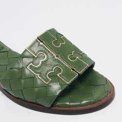 Tory Burch Green Woven Leather Ines Flat Slides Size 36