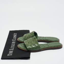 Tory Burch Green Woven Leather Ines Flat Slides Size 36