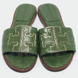 Tory Burch Green Woven Leather Ines Flat Slides Size 36