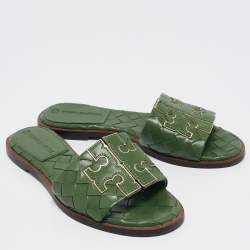 Tory Burch Green Woven Leather Ines Flat Slides Size 36