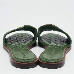 Tory Burch Green Woven Leather Ines Flat Slides Size 36