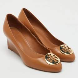 Tory Burch Royal Tan Leather Alice Wedge Pumps Size 36