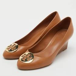 Tory Burch Royal Tan Leather Alice Wedge Pumps Size 36