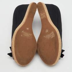 Tory Burch Black Canvas Jackie Wedge Platform Espadrille Peep Toe Pumps Size 36