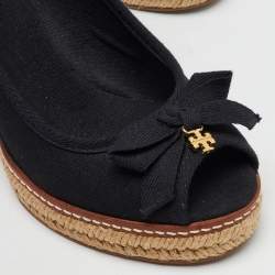 Tory Burch Black Canvas Jackie Wedge Platform Espadrille Peep Toe Pumps Size 36