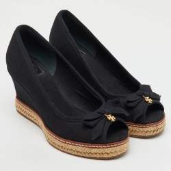 Tory Burch Black Canvas Jackie Wedge Platform Espadrille Peep Toe Pumps Size 36