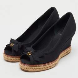 Tory Burch Black Canvas Jackie Wedge Platform Espadrille Peep Toe Pumps Size 36
