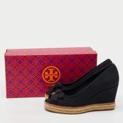 Tory Burch Black Canvas Jackie Wedge Platform Espadrille Peep Toe Pumps Size 36