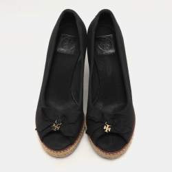 Tory Burch Black Canvas Jackie Wedge Peep Toe Pumps Size 35.5