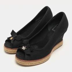 Tory Burch Black Canvas Jackie Wedge Peep Toe Pumps Size 35.5