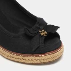 Tory Burch Black Canvas Jackie Wedge Peep Toe Pumps Size 35.5