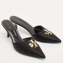 مملوكة مسبقًا Tory Burch Black Satin Logo Eleanor BMB Mules Size 39
