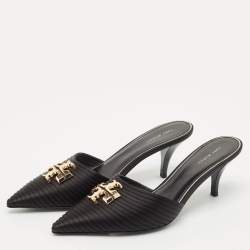 مملوكة مسبقًا Tory Burch Black Satin Logo Eleanor BMB Mules Size 39