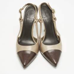 Tory Burch Olive Green/Brown Leather Slingback Pumps Size 39