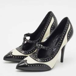 Tory Burch Black/White Brogue Leather Everly Pointed Toe Pumps Size 39