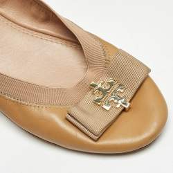 Pre Owned Tory Burch Brown Leather Jolie Scrunch Ballet Flats Size 41