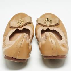 Pre Owned Tory Burch Brown Leather Jolie Scrunch Ballet Flats Size 41