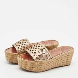 Tory Burch Gold Leather Espadrille Wedge Sandals Size 35