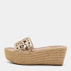 Tory Burch Gold Leather Espadrille Wedge Sandals Size 35