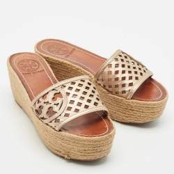 Tory Burch Gold Leather Espadrille Wedge Sandals Size 35