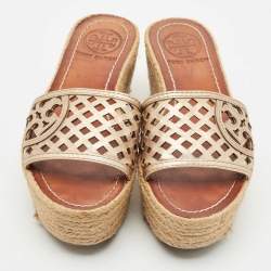 Tory Burch Gold Leather Espadrille Wedge Sandals Size 35