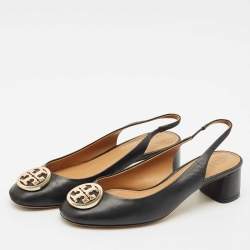 Tory Burch Black Leather Benton Block Heel Slingback Pumps Size 38