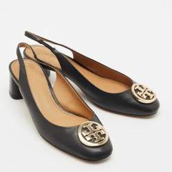 Tory Burch Black Leather Benton Block Heel Slingback Pumps Size 38